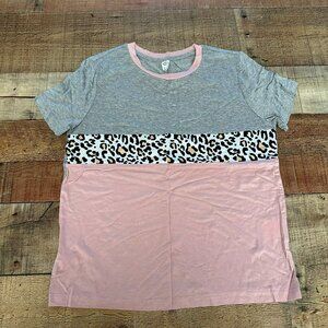 Shein Girls Gray pink leopard animal print short sleeve color block tee t-shirt